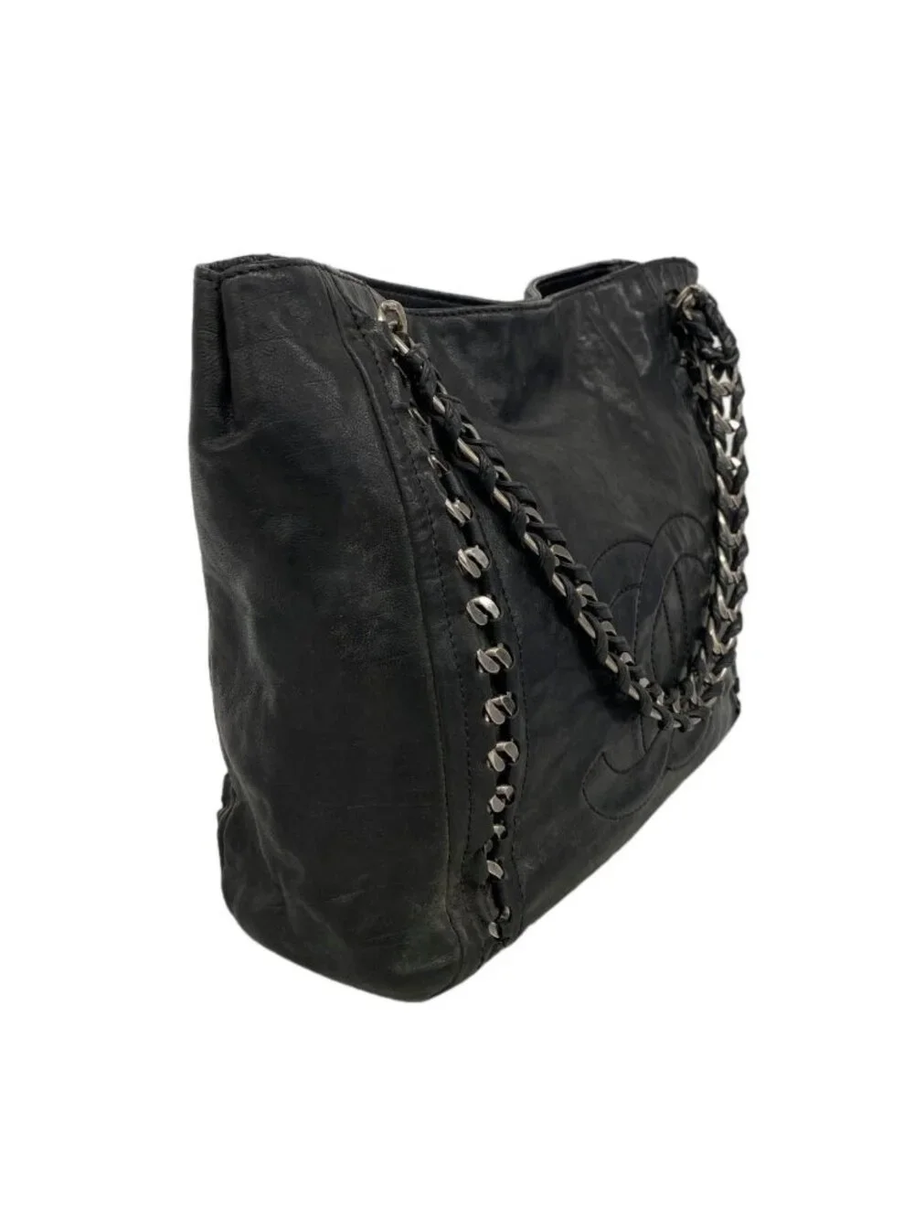 Chanel Chain Tote Leather Black Silver